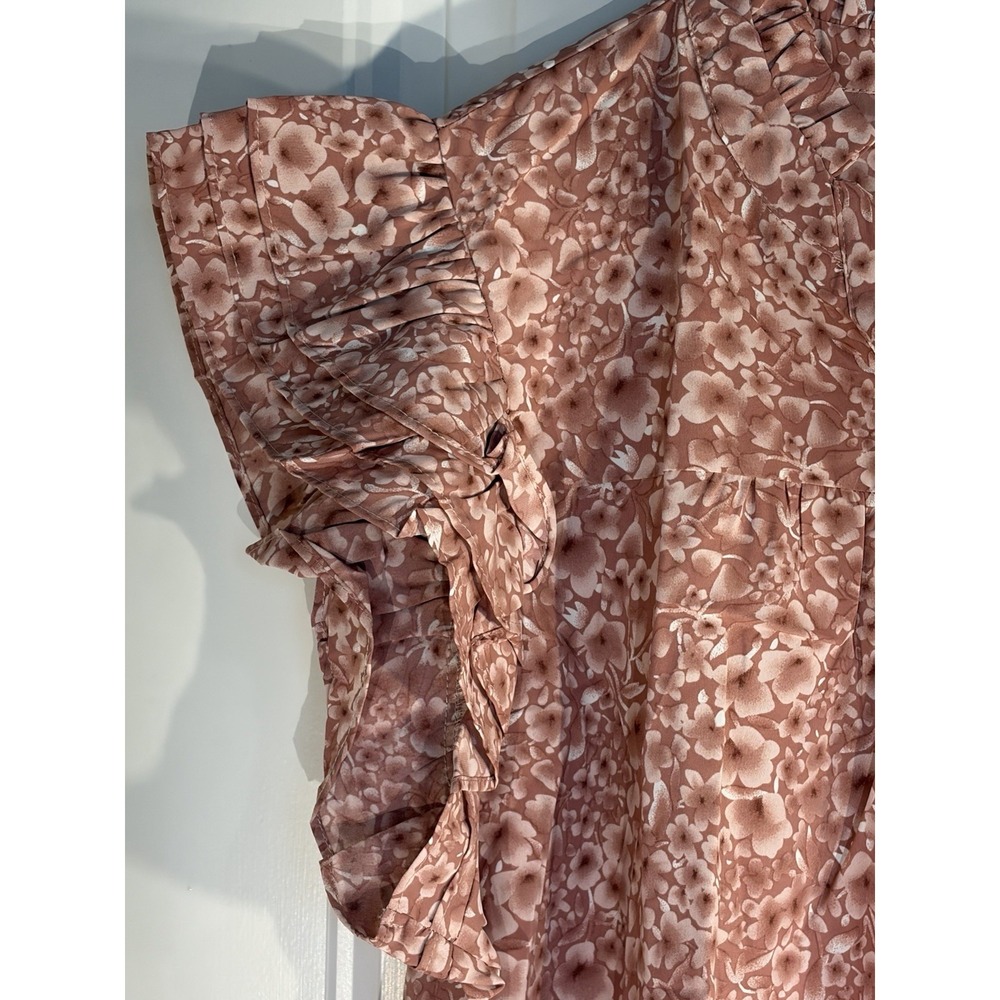 Women's 2X Blouse Pink Floral Ruffle Sleeve V-Neck Flowy Boho Top Plus Size - Picture 2 of 6